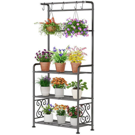 Plant Stand Indoor Outdoor Heavy Duty Metal - 56.4" Tall 3-Tier Shelf for Multiple Plants, Flowers, Rustproof Black Storage Rack for Patio, Balcony, Living Room, Garden, Includes Hooks&Adjustable Feet