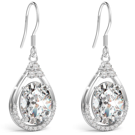 18K White Gold Plated Sterling Silver Oval Cut Cubic Zirconia Drop Dangle Earrings for Women Hypoallergenic Statement Earrings Gifts for Women Mom (Clear)