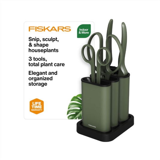 Fiskars Indoor Plant Care 3-Piece Set, Precision Gardening Tools with Nesting Storage Caddy, Detail Snips, Stem Shears & Bypass Pruner for Trimming & Shaping Houseplants, Stainless Steel Blades, Green