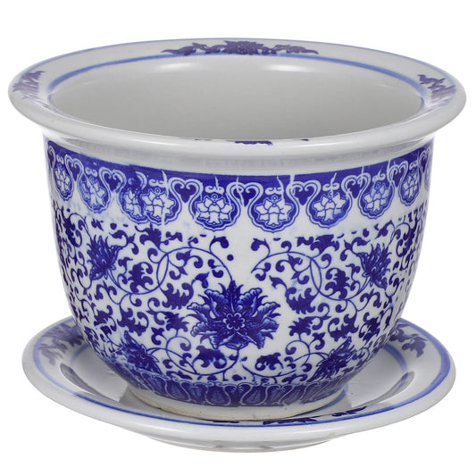 DOITOOL Blue and White Ceramic Planter Pot Chinese Ceramic Flower Pots Oriental Planter Decorative Succulent Plant Pot with Trays for Balcony Yard Home Decoration
