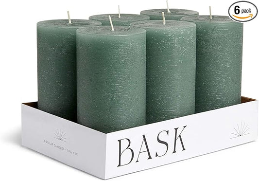 Mottled Pillar Candles by Bask - Set of 6-3" x 6" Dripless Unscented Candles in Dark Green for Home Decor, Relaxation & All Occasions