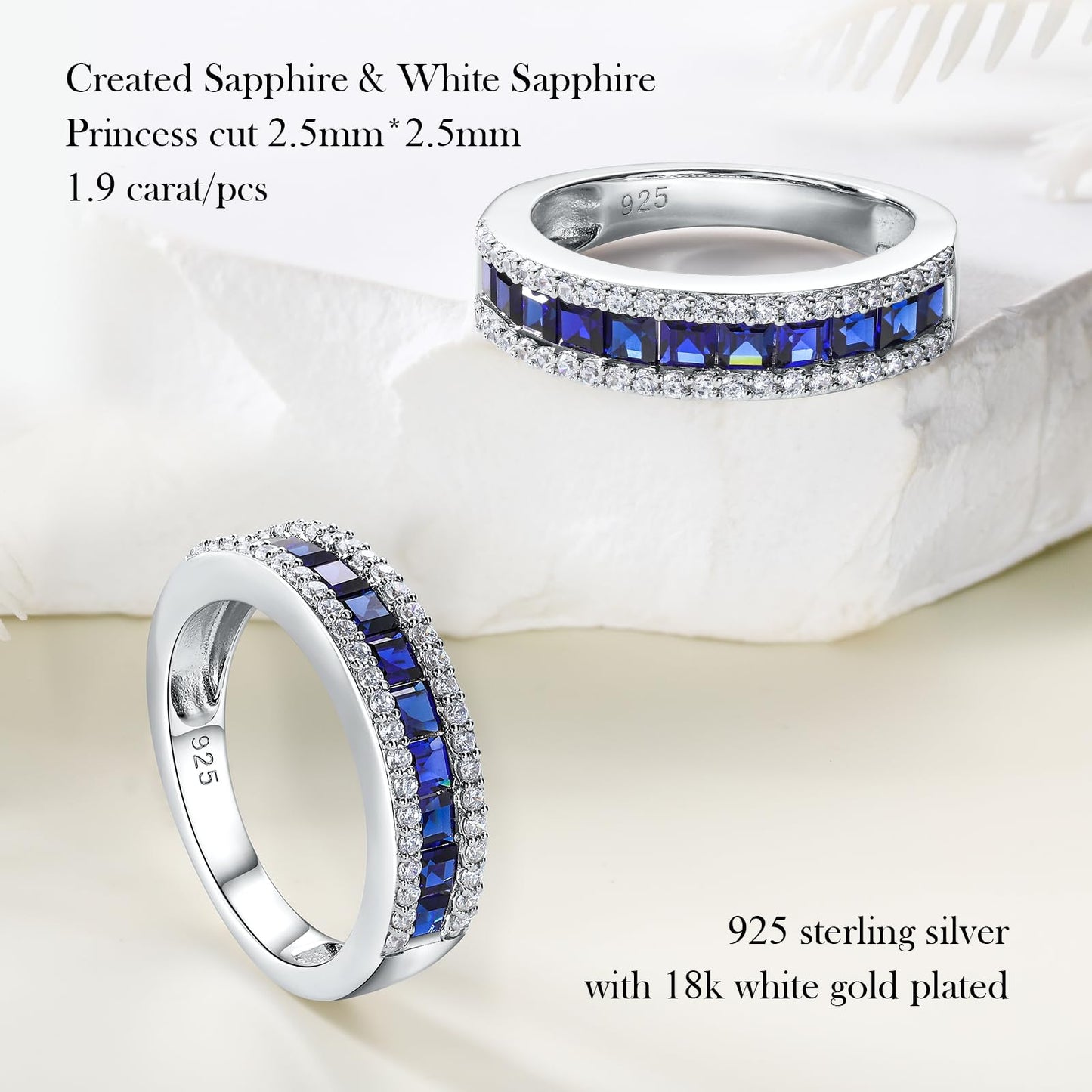RANDES Blue Sapphire Eternity Rings for Women Men Wedding Bands 925 Sterling Silver Princess Cut Channel Set Ring Size 7.5