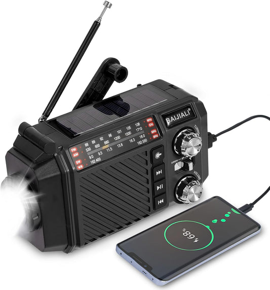 BAIJIALI 2600mAh/9620mWh Hand Crank Emergency Weather Radio with Power Bank, NOAA AM FM Shortwave Portable Radio, Solar