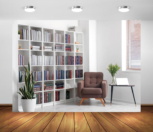 BELECO 7x5ft Fabric Living Room Backdrop Modern Room Interior with Armchair White Bookcase, Office Zoom Meeting