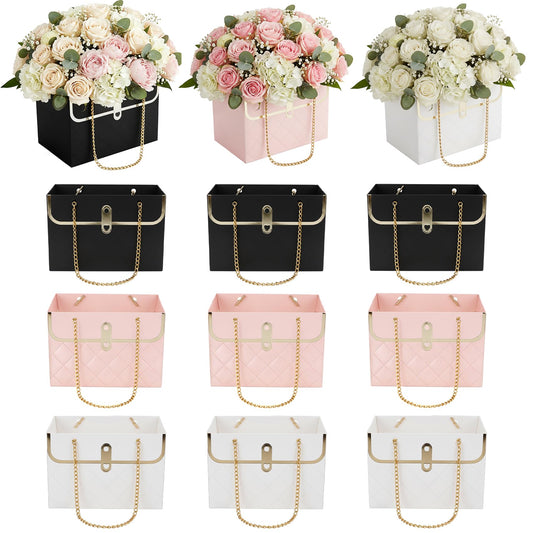 12 Pack Flower Paper Gift Bag, Bouquet Storage Bucket Box Paper Flower Handbag Box with Metal Chain Rectangle Mother's Day Flower Bags for Bouquets Wedding Flower Graduation Supplies, Black White Pink