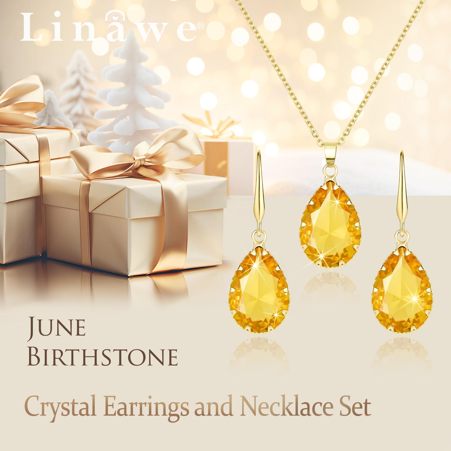 Linawe Yellow Jewelry Sets for Women, KC Imitation Gold Plated Pendant Necklace and Earrings Set, Imitation Diamond Fake Birthstone Crystal Rhinestone Teardrop Costume Jewelry for Women Sets
