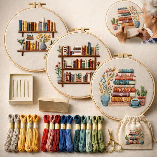 BLMRME 3 Pack Embroidery Kit for Beginners, Stamped Floral & Book Pattern Embroidery Kit, DIY Needlepoint Starter Kit with Instructions, Complete Set for Adults, Home Office Decor