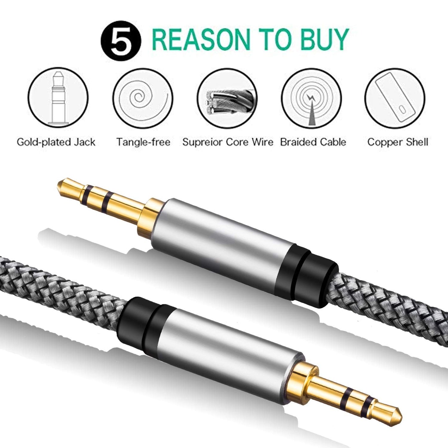 3.5mm 3Ft, (3Ft/1M, Tan QY Nylon Braided Aux Cable Audio Auxiliary Input Adapter Male to Male Cord for Headphones, Car