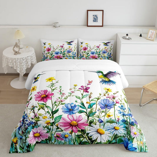 Feelyou Flower Bedding Set Twin Size Hummingbird Comforter Set for Kids Boys Girls Tropical Birds Comforter Hummingbird Flowers Duvet Set White