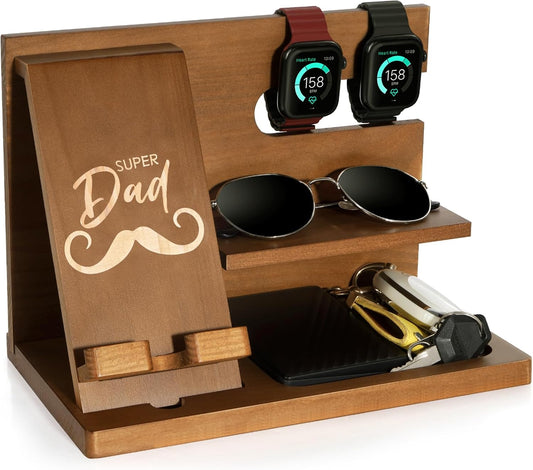 AliveByte Fathers Day for Dad, Dad Birthday Gifts, Wood Phone Docking Station, Nightstand Organizer, Gifts for Dad