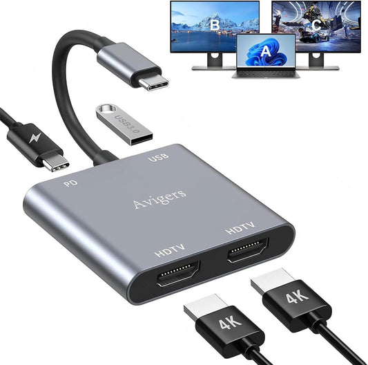 Avigers 4K@60Hz, 4-in-1 100W 3.0 USB C to Dual HDMI Adapter HDMI Splitter for Dual Monitors with PD Charging & USB Port