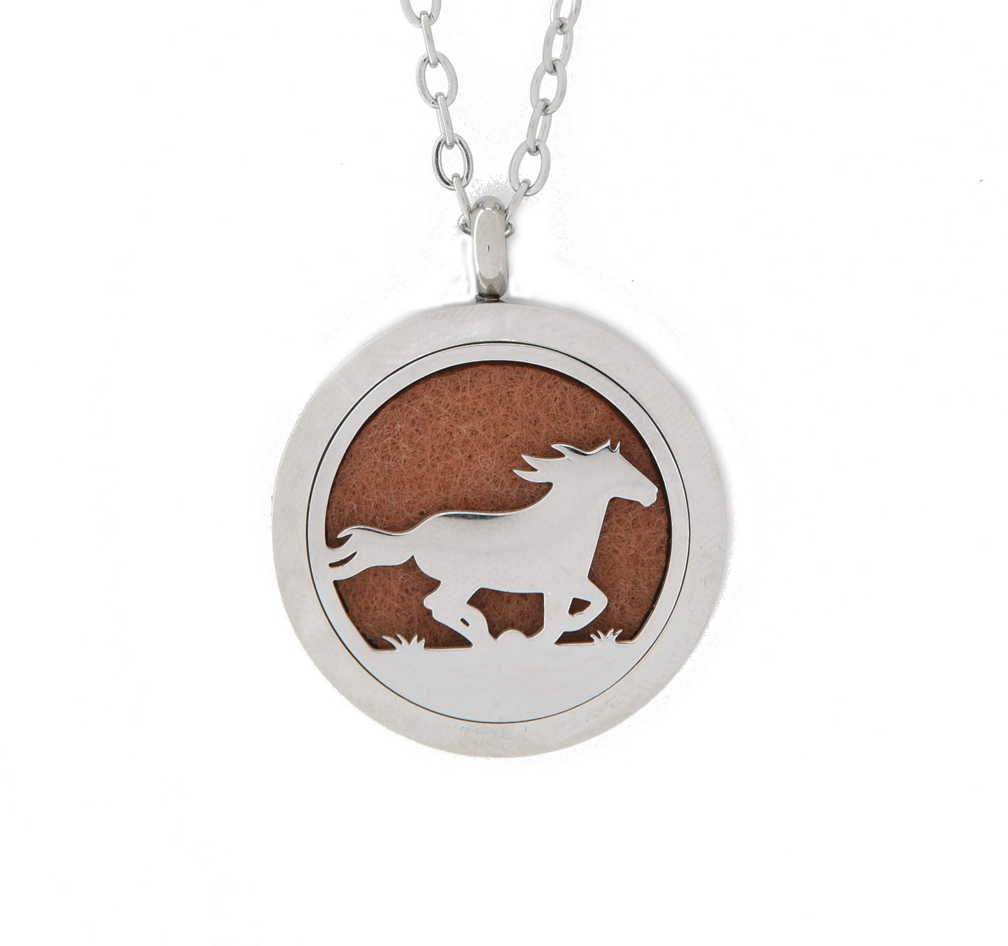 Aromatherapy Essential Oil Diffuser Stainless Steel 30MM Silver Magnetic Locket Pendant 2 Sizes Chain Necklace, Refill Pads & Diffuser Bracelet in a Velvet Bag (horse2)
