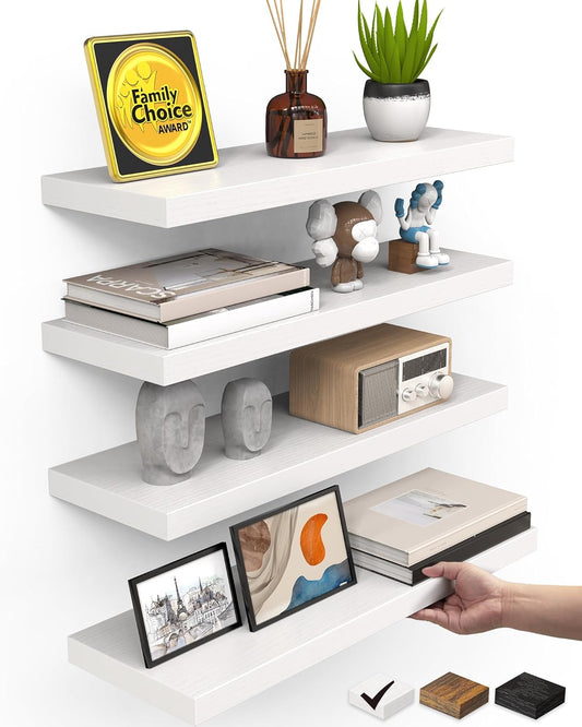 BAYKA Floating Shelves - Rustic Wall-Mounted Wood Shelves | 15.7in, Set of 4, 22lbs Capacity (White)
