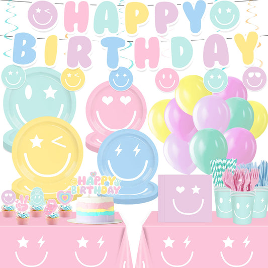 199PCS Smiley Face Birthday Decorations Smile Pastel Themed Preppy Theme Plates and Napkins Set,Balloon, Banner,Tablecloth, Hanging,Cupcake Topper,Smiley Pastel Birthday Party Supplies Serve 24 Guests