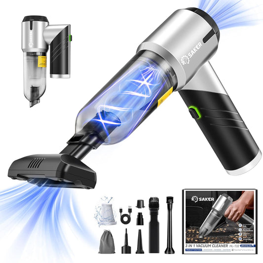 Saker Handheld Car Vacuum - Portable Cordless 17000PA Mini Air Duster & Blower | Rechargeable, Foldable, Black