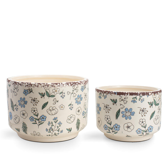 GLIMSDEER Ice Crack Plant Pots with Drainage, 6 & 7 inch Ceramic Planters for Indoor Outdoor Plants, Set of 2 Vintage Flower Pots, Rustic Tuscan Decor for Gardening, Kitchen Bedroom, Blue & Beige