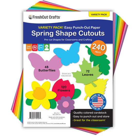 240 Pieces Spring Leaves, Butterflies, Flowers Punch Out Paper Cutouts in Assorted Spring Colors, 2-Sided US Made Card Stock for Spring Crafts, Bulletin Boards, Posters, and Spring Dance Parties