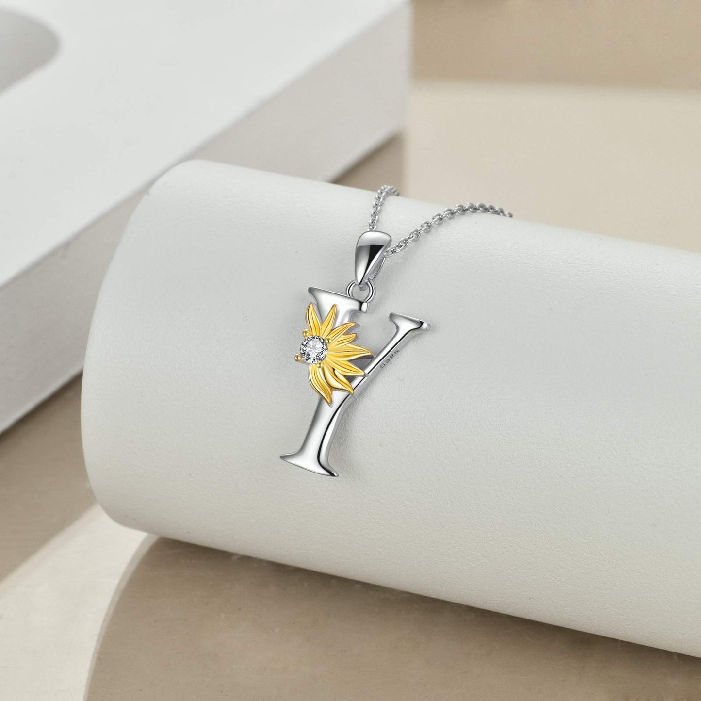POPLYKE Sterling Silver Initial Alphabet Letter Script Name Pendant Chain Necklace for Women for (Sunflower Y)
