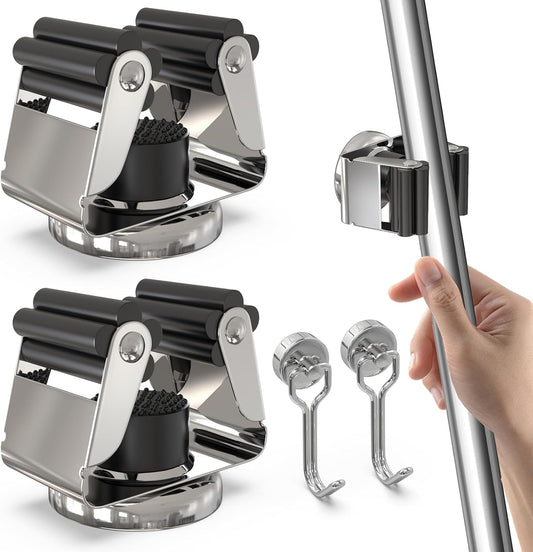 3-H Magnetic Broom Holder - 304 Stainless Steel Wall Mount Tool Organizer with Mini Hooks | Silver