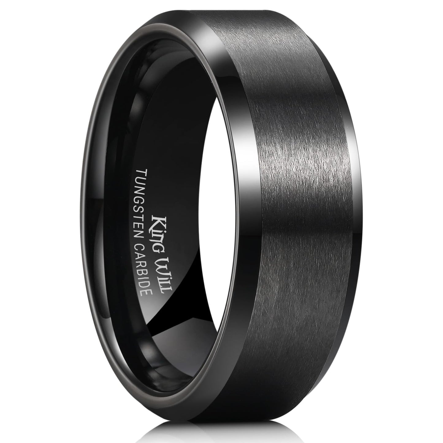 King Will 8mm Men's Black Wedding Ring - Brushed Matte Surface, Beveled Polished Edge, Comfort Fit Size 16