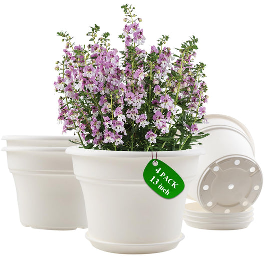Pottiffe 13 Inch Plastic-Flower-Pot-for-Indoor-Plants, 4 Pack Large Outdoor Planter Pot with Drainage Holes & Saucers, Resin Decorative Garden Pots Planters
