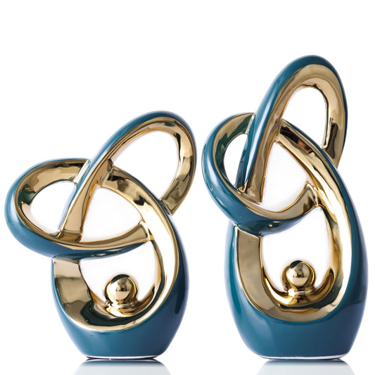 Teal Gold Modern Abstract Art Home Decor Accent,Statues Coffee Table Decor for Living Room,Table Centerpieces for Dining Room,Ceramic Sculptures and Gold Knick Knacks for TV Stand Decor (Green Gold)