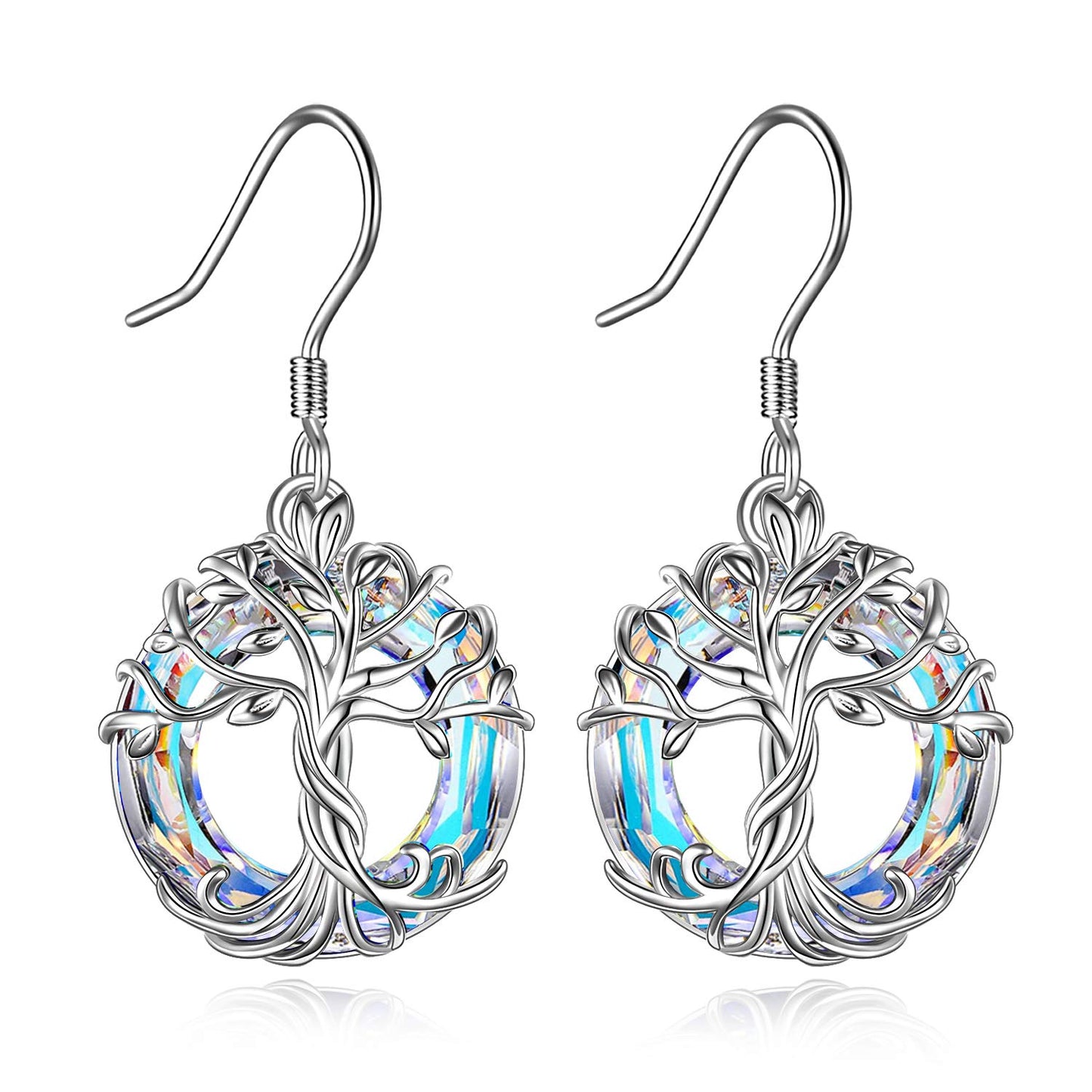 TOUPOP Tree of Life Earrings for Women Sterling Silver Family Tree Drop Dangle Earrings White Circle Crystal Jewelry Birthday Mothers Day Gifts for Women Mom Her