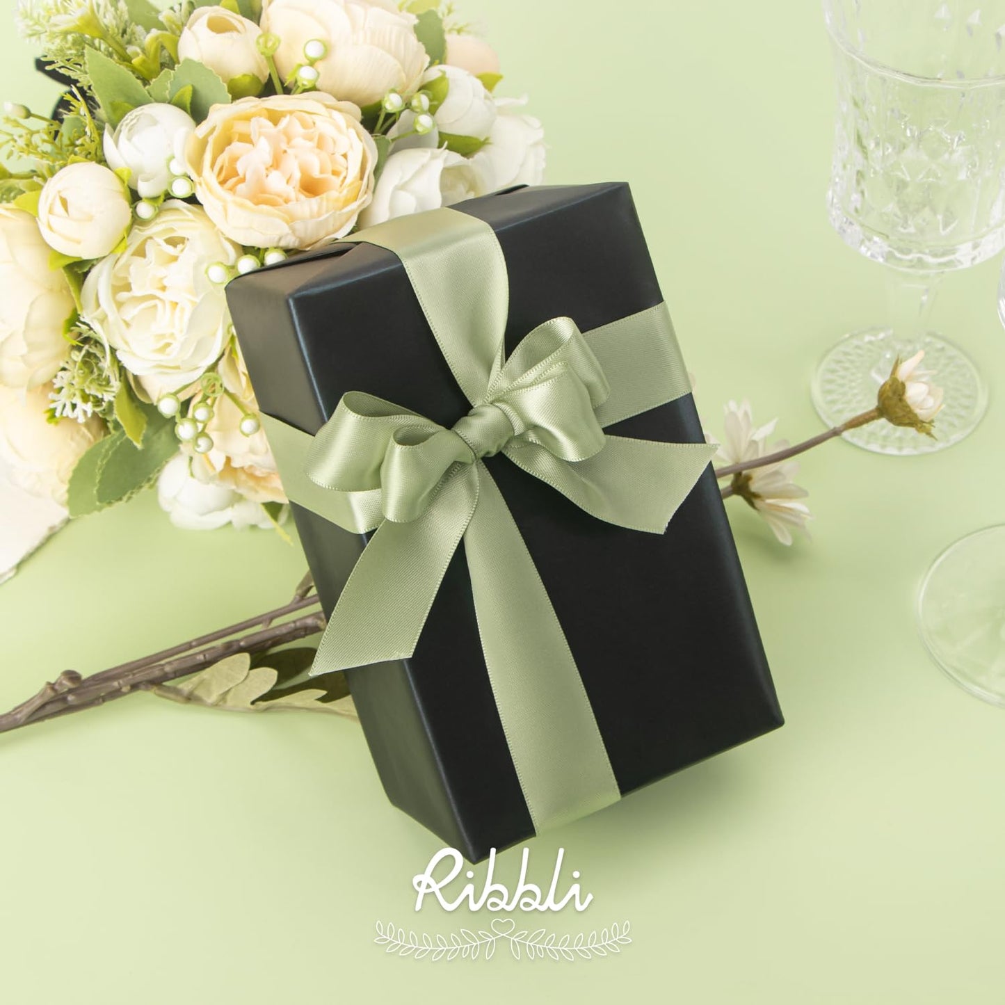 Ribbli Dusty Sage Satin Ribbon Double Faced Satin 1 Inch x Continuous 25 Yards-Sage Green Ribbon for Gift Wrapping Crafts Wedding Decoration Bows Bouquet Floral Arrangement