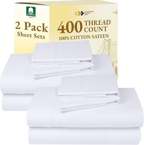 California Design Den Queen Bedsheet Set - 400 Thread Count 100% Cotton Sateen - Soft, Breathable & Deep Pocket - Bright White, 2-Pack