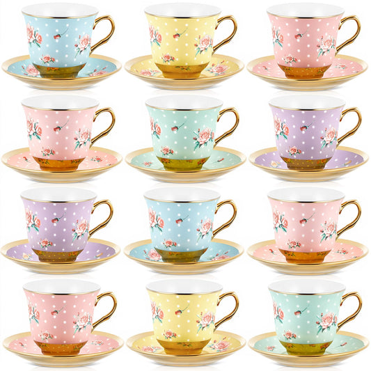 Teenyyou Set of 12 Tea Cups and Saucers Tea Party Decorations Floral Porcelain 5.4 oz British Gift for Women Birthday Party, Church, and Mother's Day (Vintage Style)