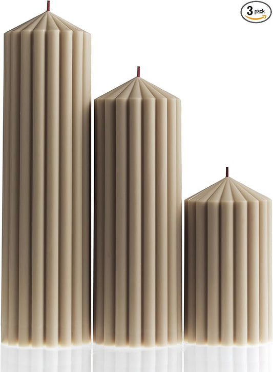 LAWA Ribbed Peak Pillar Candle - Large Beautiful Handmade Pillar Scented Soy Wax Candle Elegant Bubble Aesthetic Candle Housewarming Gift Home Room Shelf Decor Idea White (Set of 3, Moon Gray)