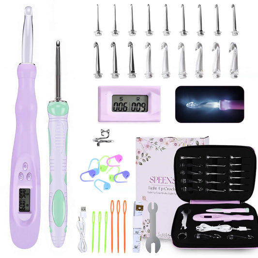 SPEENSUN Light Up Crochet Hook Set with Stitch/Row Counter, 18 Replaceable Heads (2mm-14mm) Crochet Hooks, Bright/Low Light Modes with Ergonomic Handle, 7-9hrs Runtime, Gift Box for Crafters