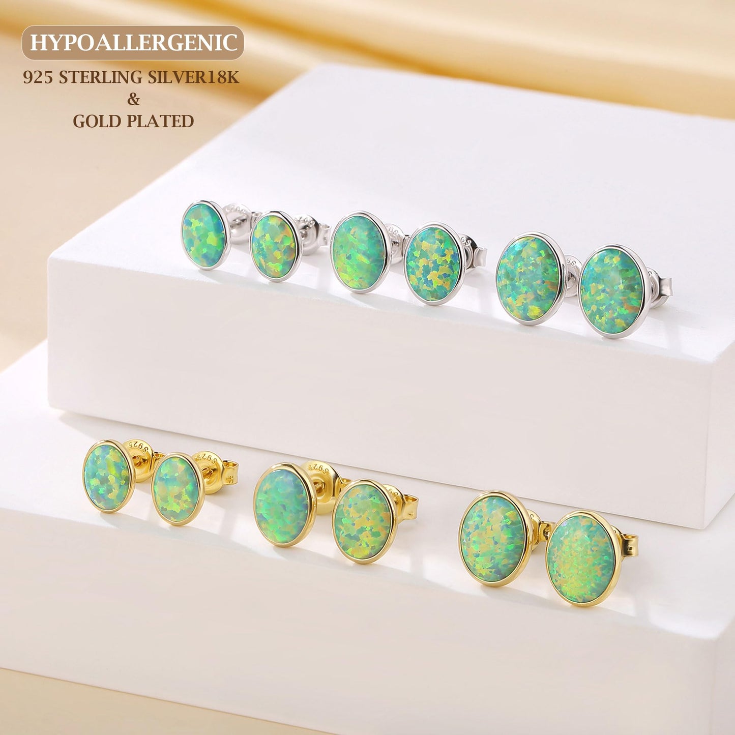 JiayangJY Silver Green Fire Opal Stud Earrings for Women Sterling Silver Oval Shape 5mm Opal Earrings with Push Back