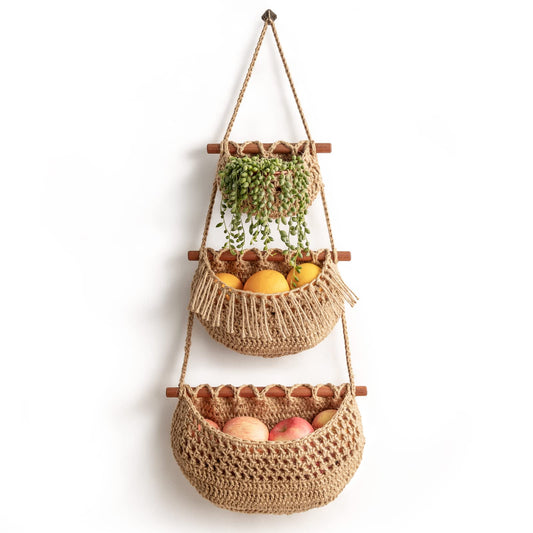 horpait Hanging Fruit Basket ,3 Tier Over the Door Organizer, Handmade Woven Jute Wall Hanging Baskets for Organizing, BOHO Wall Basket Decor, Storage baskets for kitchen , Living & Bathroom Bedroom