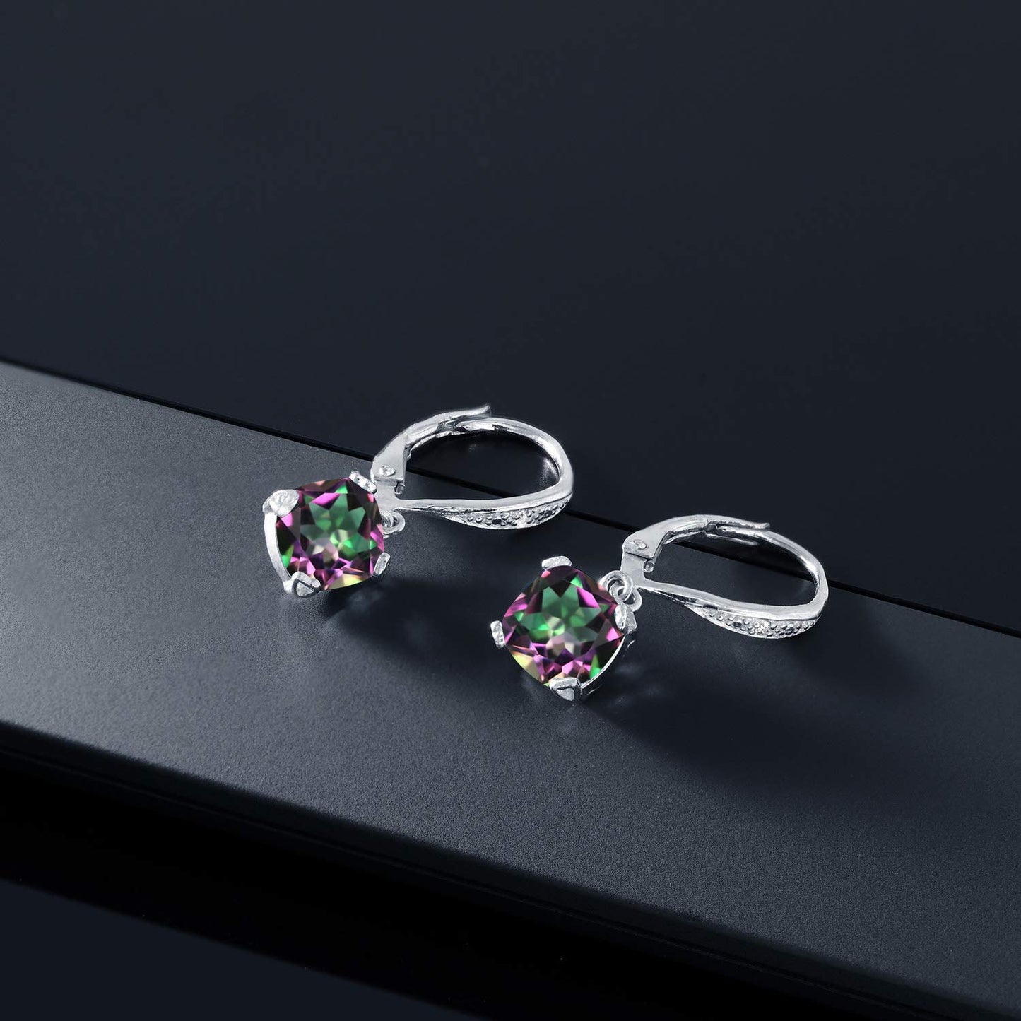 Gem Stone King Drop Dangle Earrings For Women | 7MM Cushion Cut Gemstone Birthstone and Diamond | 925 Sterling Silver | Jewelry Gift for Mom Wife Her | Green Mystic Topaz | Sterling Silver