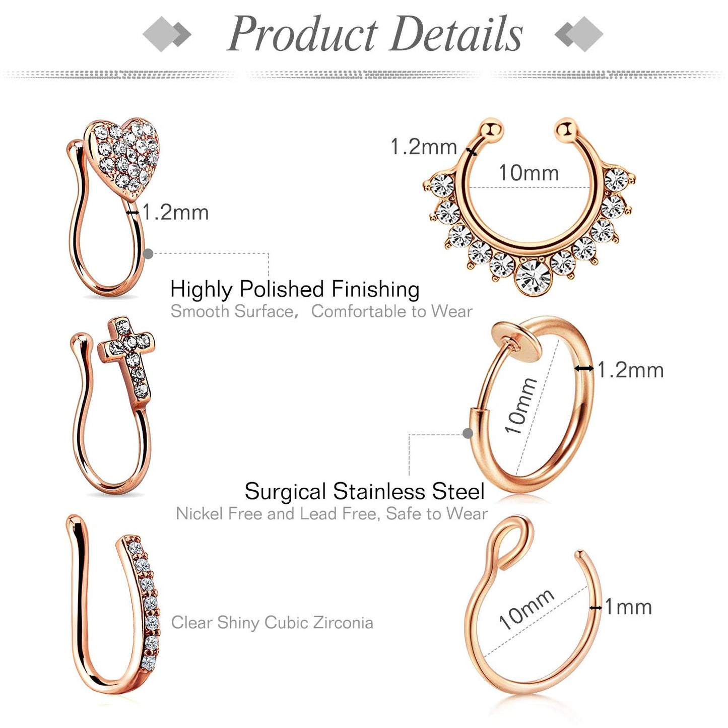 JFORYOU 6Pcs Fake Nose Rings, 16G Stainless Steel Inlaid CZ Faux Piercing Jewelry, Spring Clip on Circle Hoop No Pierced Septum Nose Ring For Women, Men