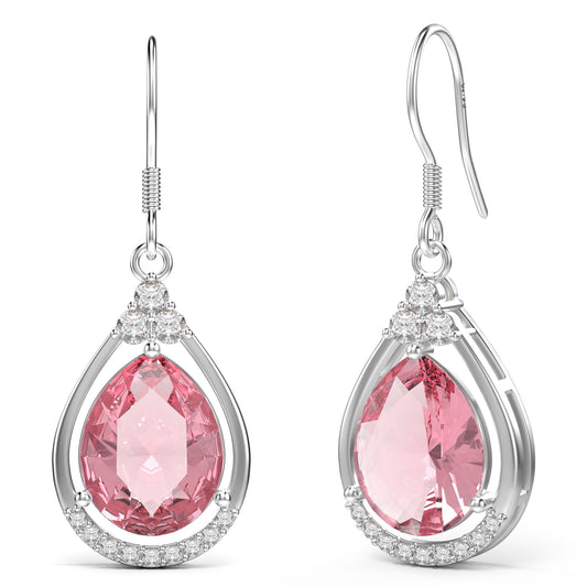 18K White Gold Plated Sterling Silver Teardrop Cubic Zirconia Drop Dangle Earrings for Women Pear Cut CZ Diamond Dangle Earrings Hypoallergenic Jewelry (Pink)