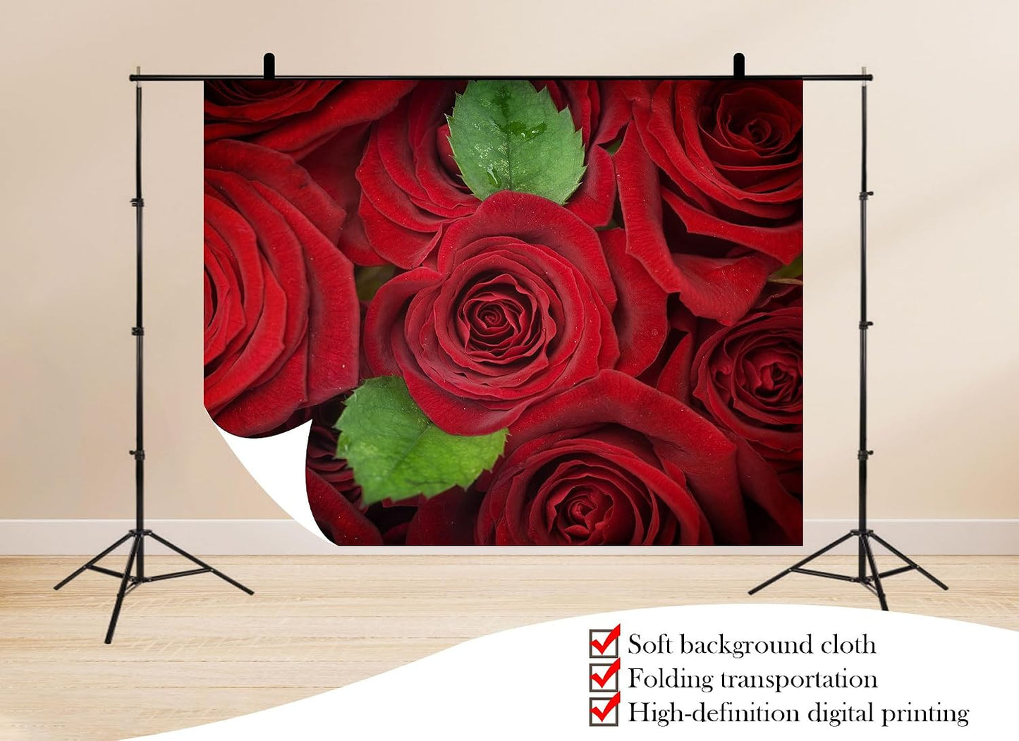 UPXIO 8x6ft Red Roses with Green Leaves Backdrop Romantic Floral Bouquet Photo Background Tapestry for Valentine's Day