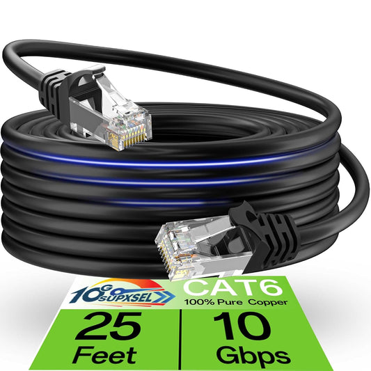 10Gsupxsel 6 25FT Cat6 10Gbps, Cat6 6 Cat Ethernet Cable Outdoor&Indoor, Ethernet Patch Cable High-Speed UTP Network