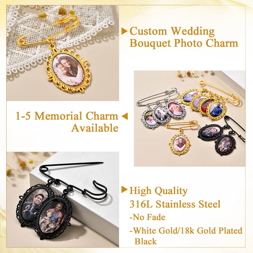 Custom4U Memory Charms for Wedding Bouquet Customized with 3 Pictures Custom Photo Brooch Pins Funeral Boutonniere Heart Shaped Charm Memorial Jewelry
