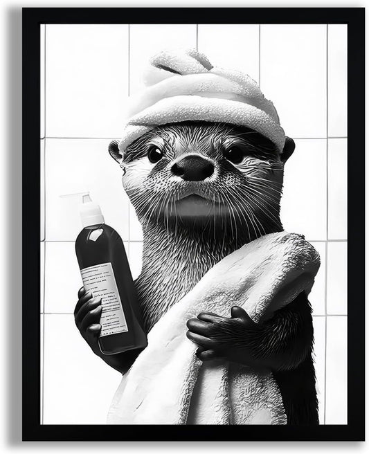 SYWENNOI Framed Black and White Bathroom Canvas Art - Funny Otter Bath Decor | Ready to Hang 8x10 Inches