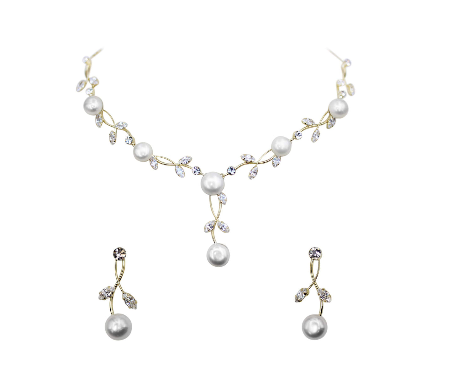 Faship Gorgeous Clear CZ Crystal Genuine Freshwater Pearls Floral Necklace Earrings Set - Clear/Gold-Plated