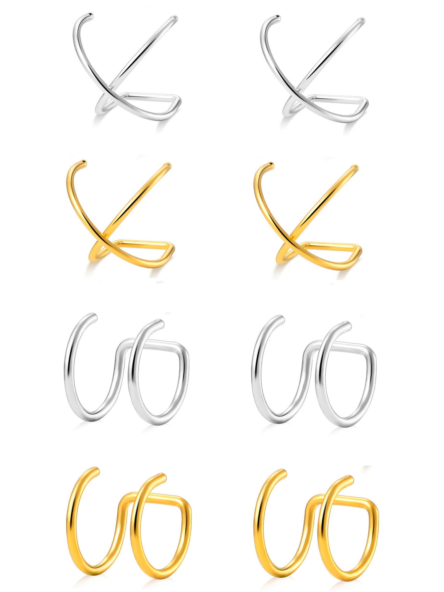 Tornito 4-10 Pairs Stainless Steel Ear Cuff Helix Cartilage Clip On Wrap Earrings Fake Nose Ring Non-Piercing Adjustable (B2:4 Pairs, Silver&Gold Tone)