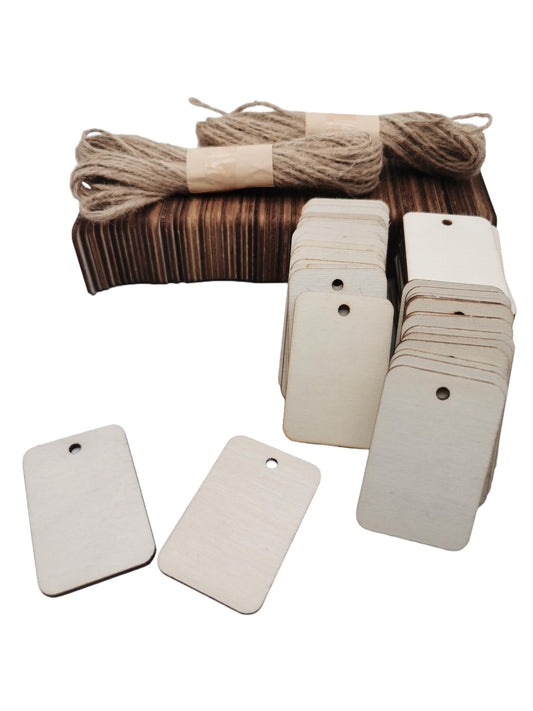 200 Pcs Unfinished Wooden Gift Tags for Handcrafts - 2×1.33 Inch Rounded Rectangular Blank Wood Tags with Strings