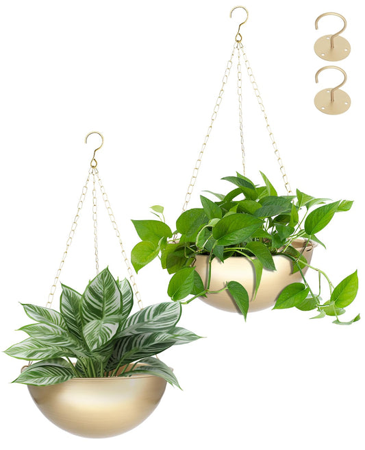 AceList 2 Pack Gold Hanging Planter for Indoor Plants - 9.8 Inch Boho Metal Plant Hanger Indoor with Hooks, Hanging Plant Holder for Window and Ceiling