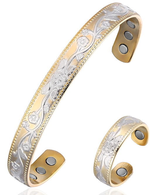 BioMag Copper Bracelet & Ring for Women, 99.99% Pure Copper Magnetic Bracelet Lymphatic Drainage Rings with 3500 Gauss Magnets, Adjustable & Flower Pattern (Gold Base with Silver)
