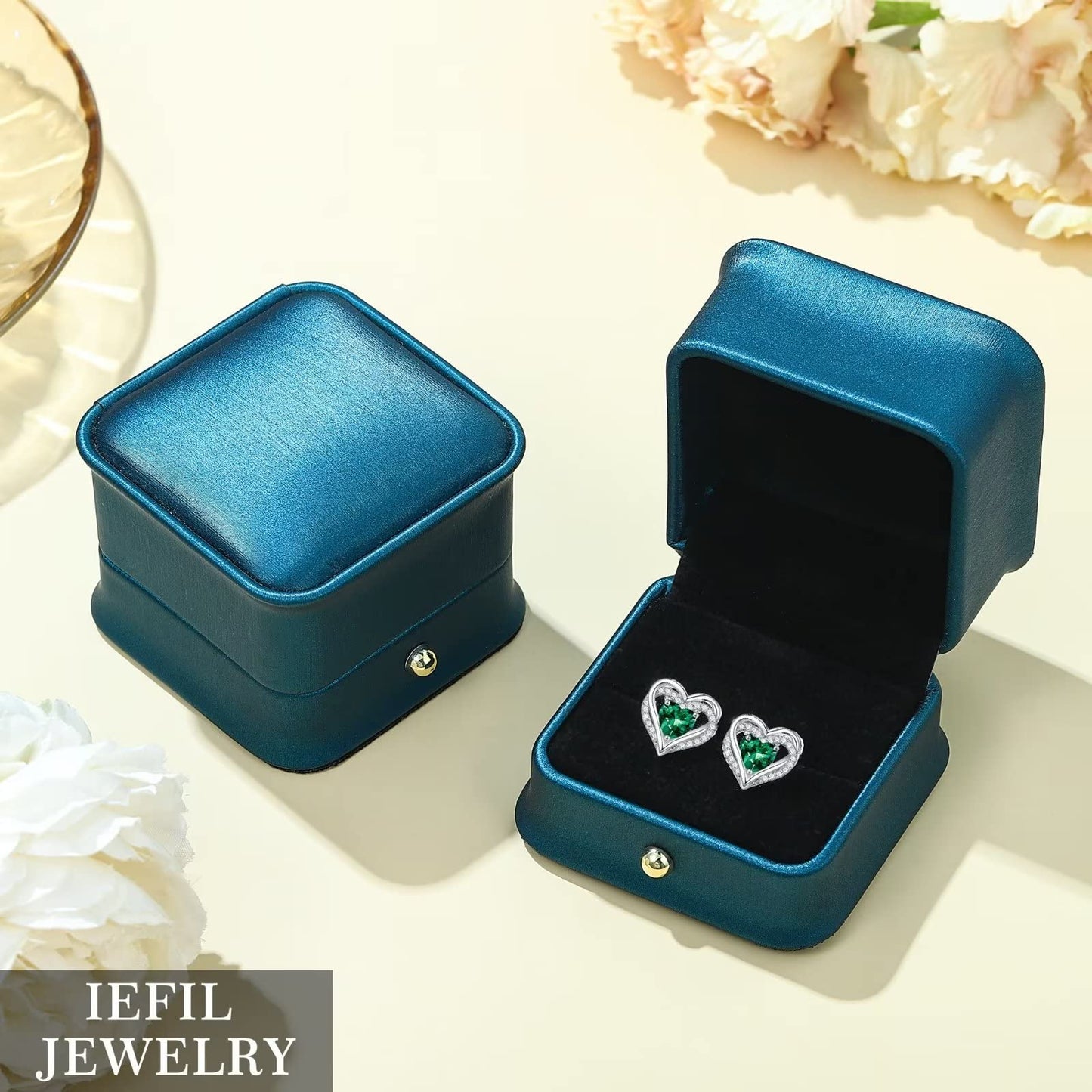 Iefil Earrings for Women, 925 Sterling Silver May Birthstone Green Emerald Heart Stud Earrings for Women