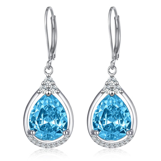 Blue Earrings Sterling Silver Birthstone Earrings AAAAA Cubic Zirconia Teardrop Dangles Jewelry Christmas Gifts for Women
