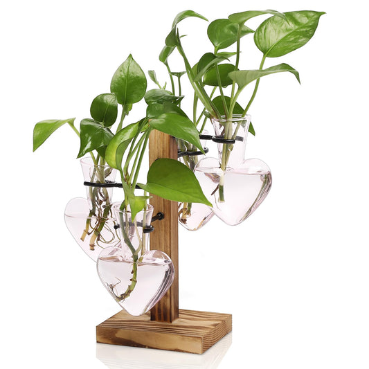CYZglass Plant Terrarium Propagation Stations with Wooden Stand, Glass Vase for Indoor Hydroponics Home Garden Office Decoration Gift for Women - 4 Love Bulb Vase