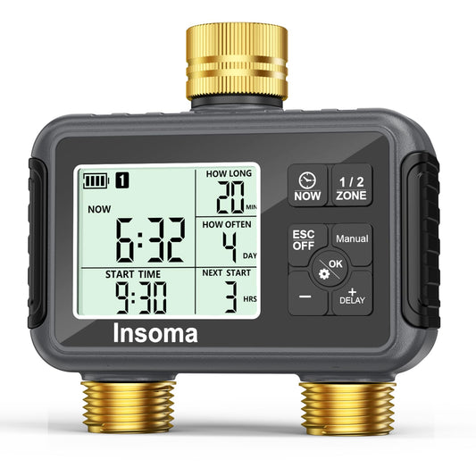 Insoma Water Timer with Brass Inlet & Outlet, 2 Independent Zones Outdoor Hose Timer for Garden Faucet with Auto/Manual/Rain Delay Mode, Sprinkler Irrigation Controller for Yard Lawn